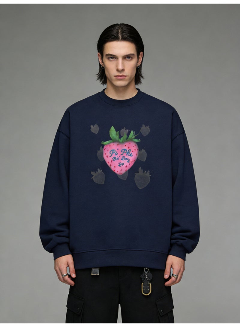 BM INS Navy Blue "Pi Phi Bid Day 24" Strawberry Graphic Oversized Crew Neck Sweatshirt | Unisex Pullover With Hand-Painted Print - Image 1